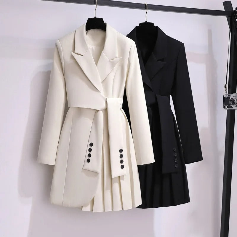 Women's Belted Blazer Coat With Pleated Hem