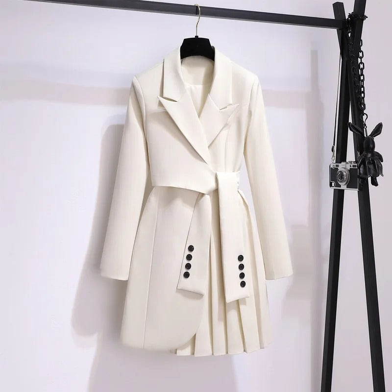 Women's Belted Blazer Coat With Pleated Hem