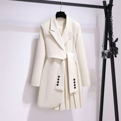 Women's Belted Blazer Coat With Pleated Hem