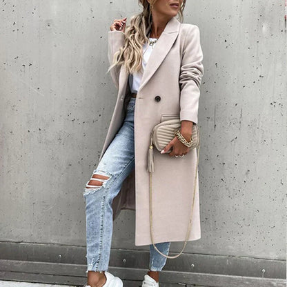 Women's Double Breasted Longline Lapel Coat