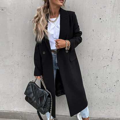 Women's Double Breasted Longline Lapel Coat