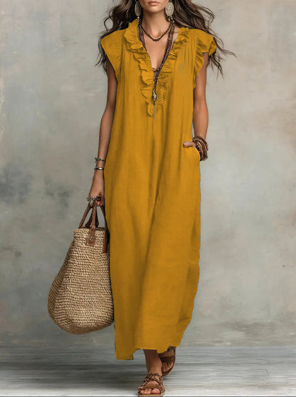 Ruffle V Neck Short Sleeve Maxi Dress With Pockets