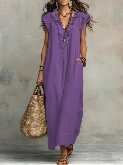 Ruffle V Neck Short Sleeve Maxi Dress With Pockets