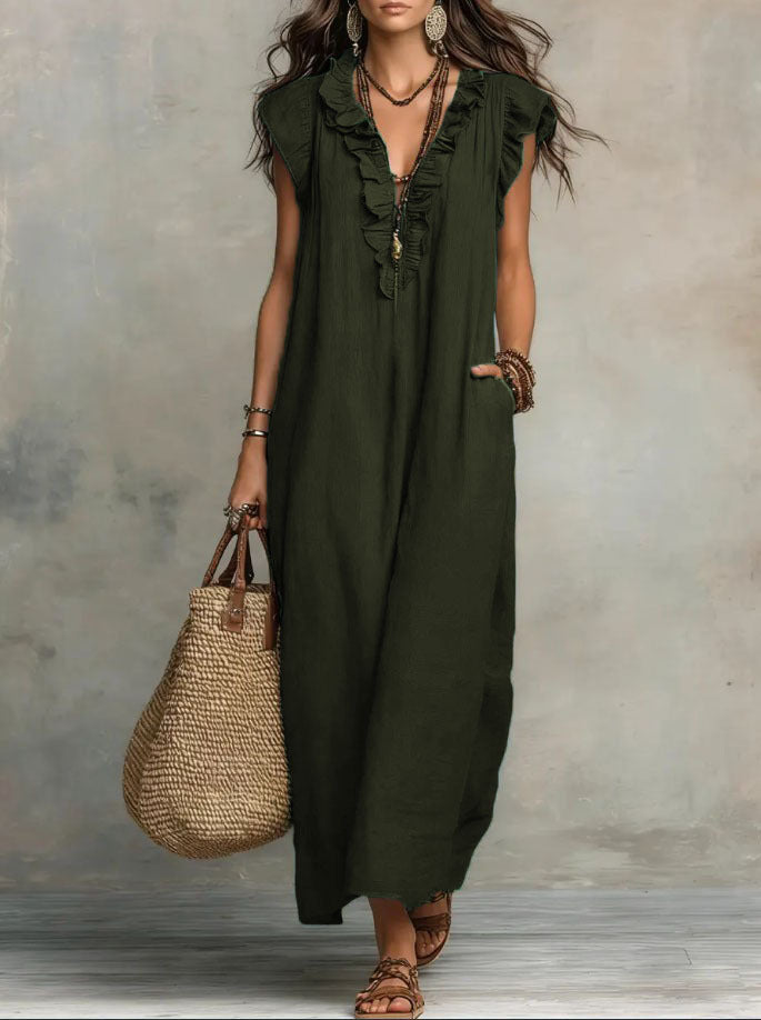Ruffle V Neck Short Sleeve Maxi Dress With Pockets