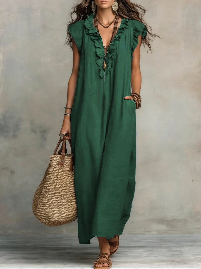 Ruffle V Neck Short Sleeve Maxi Dress With Pockets
