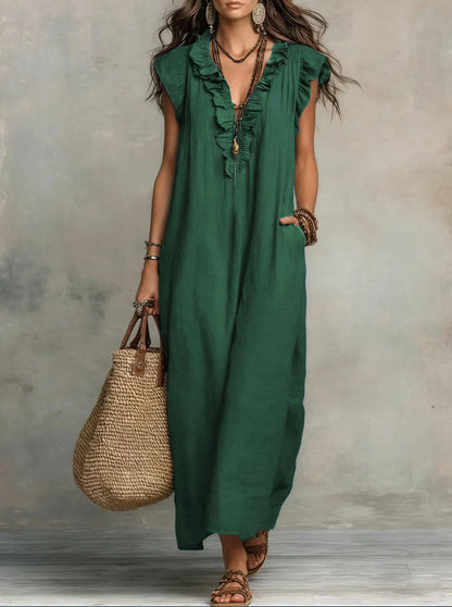 Ruffle V Neck Short Sleeve Maxi Dress With Pockets