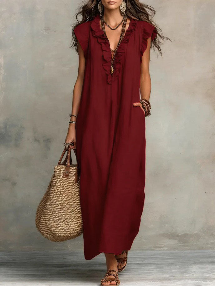 Ruffle V Neck Short Sleeve Maxi Dress With Pockets
