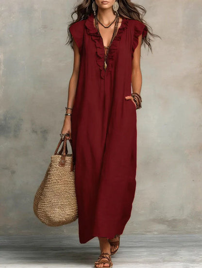 Ruffle V Neck Short Sleeve Maxi Dress With Pockets
