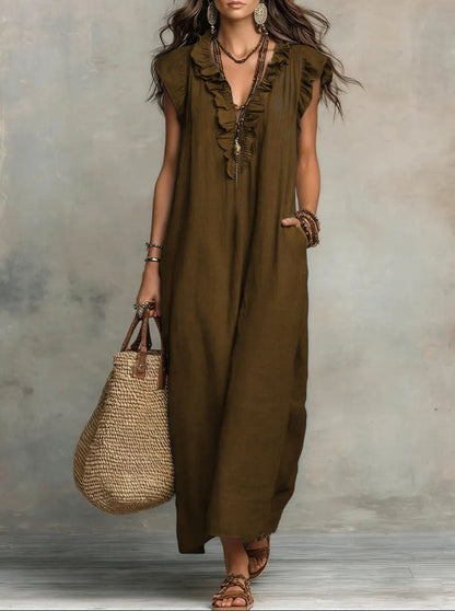 Ruffle V Neck Short Sleeve Maxi Dress With Pockets