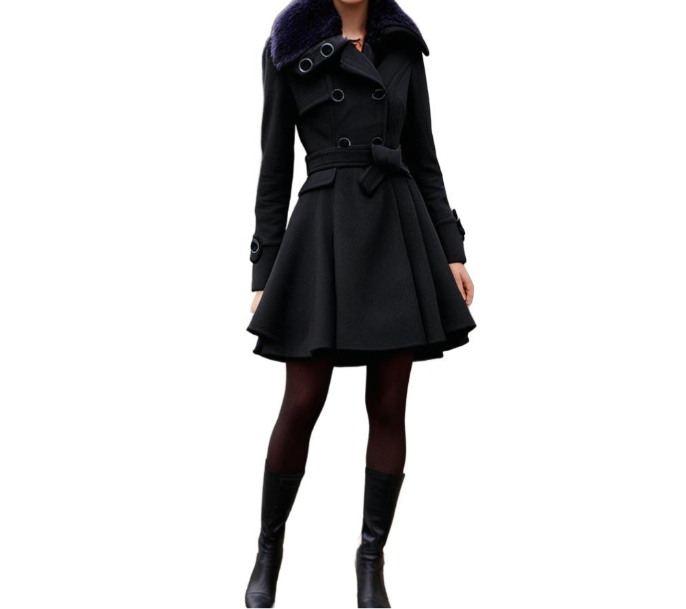 Women's Double Breasted Flared Coat With Faux Fur Collar