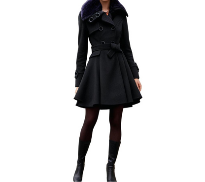 Women's Double Breasted Flared Coat With Faux Fur Collar