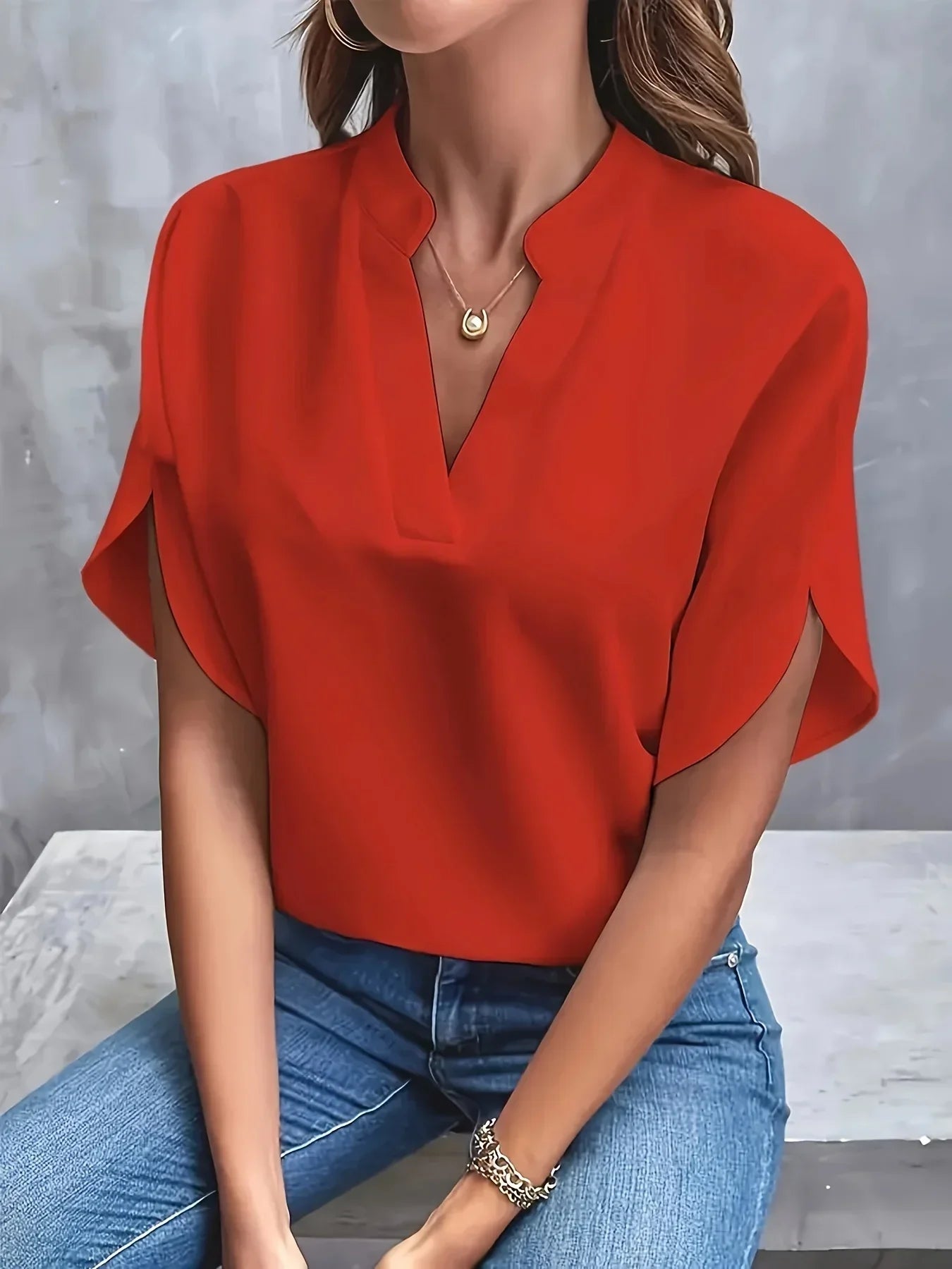 V Neck Blouse with Cap Sleeves and Flowy Fit