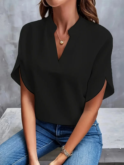 V Neck Blouse with Cap Sleeves and Flowy Fit