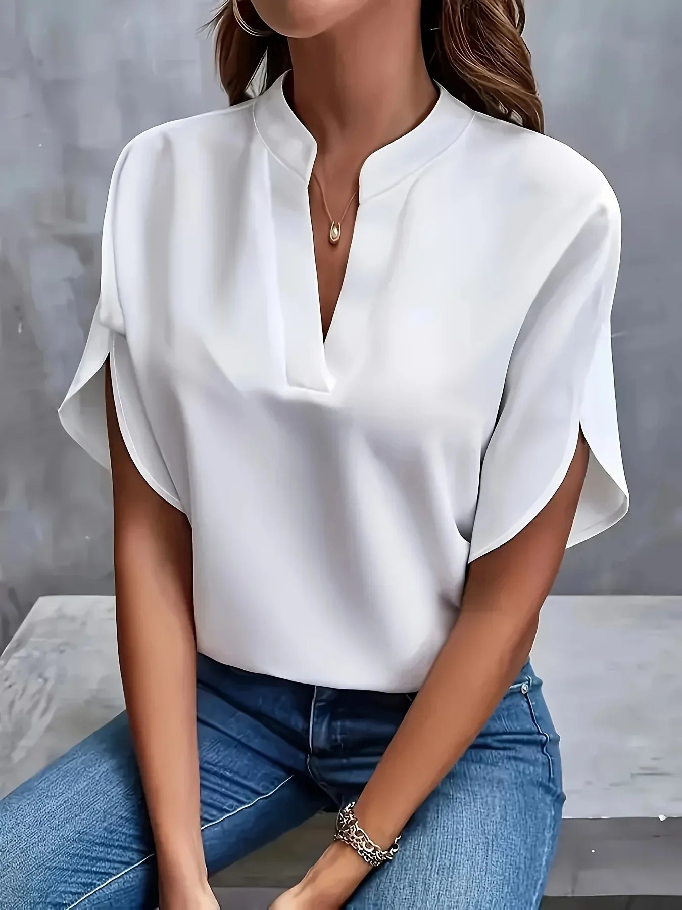 V Neck Blouse with Cap Sleeves and Flowy Fit