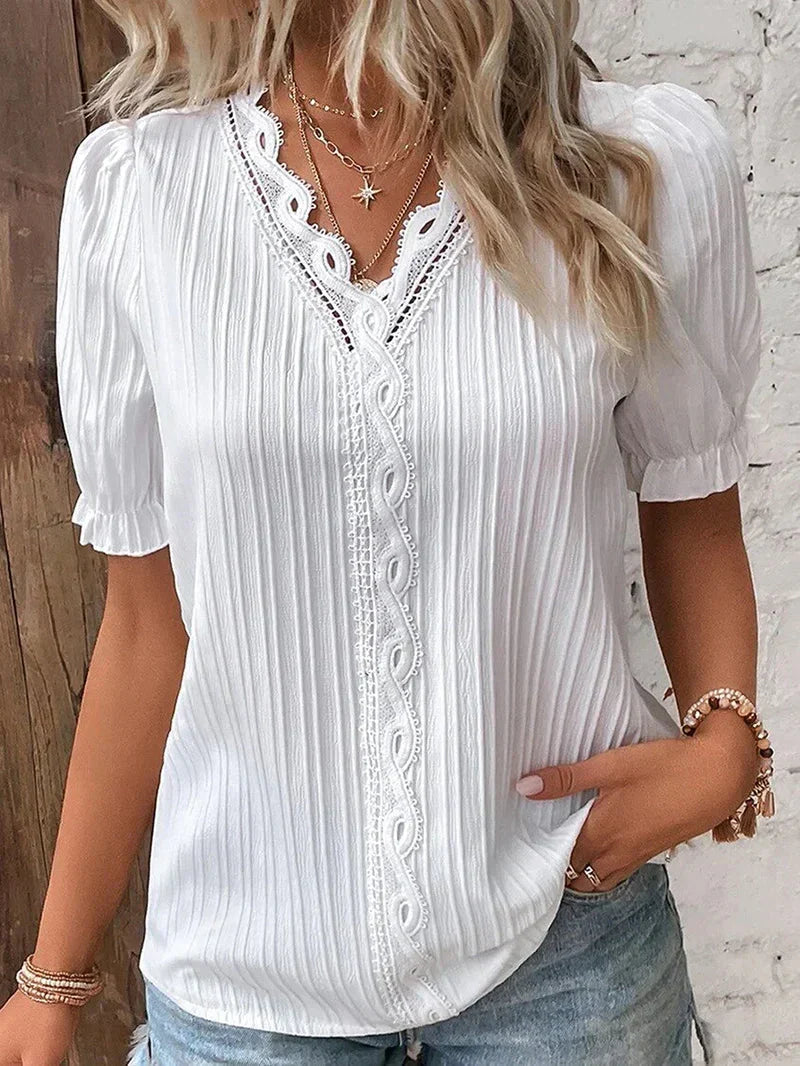 Lace Trim V Neck Puff Sleeve Blouse