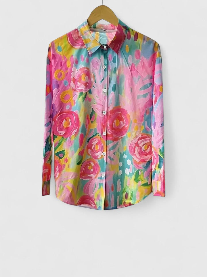 Floral Lapel Collar Long Sleeve Blouse