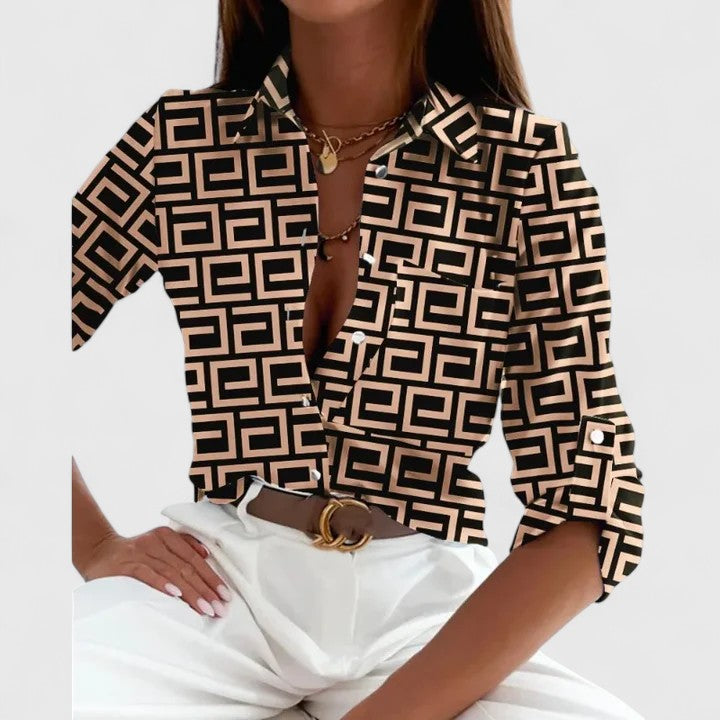 Printed Lapel Collar Long Sleeve Blouse