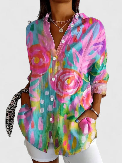 Floral Lapel Collar Long Sleeve Blouse