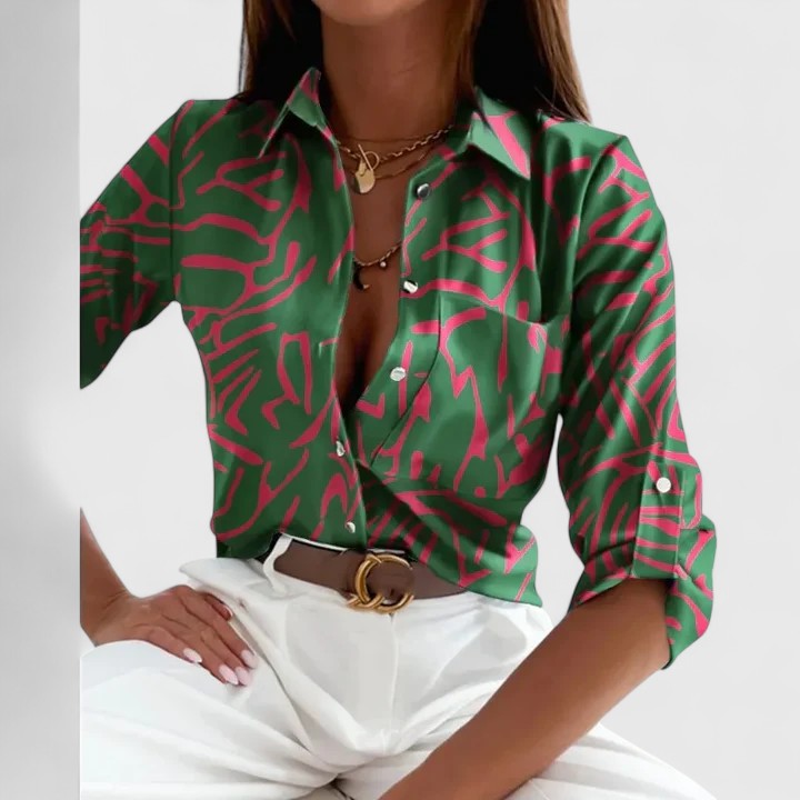 Printed Lapel Collar Long Sleeve Blouse