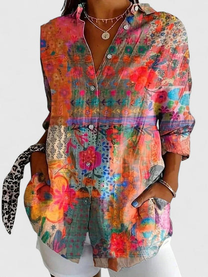 Floral Lapel Collar Long Sleeve Blouse