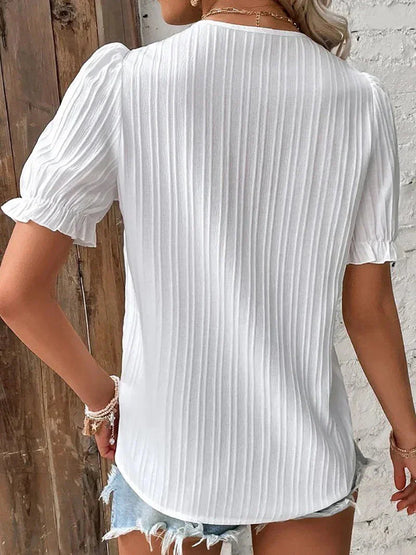 Lace Trim V Neck Puff Sleeve Blouse