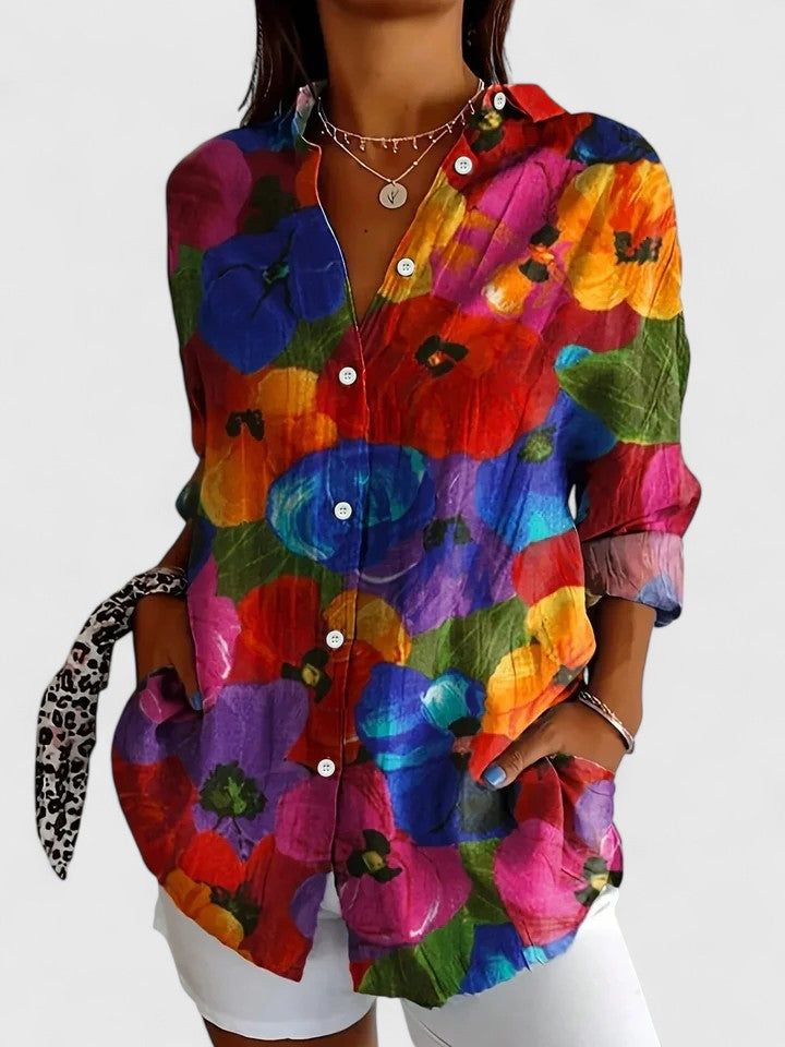 Floral Lapel Collar Long Sleeve Blouse