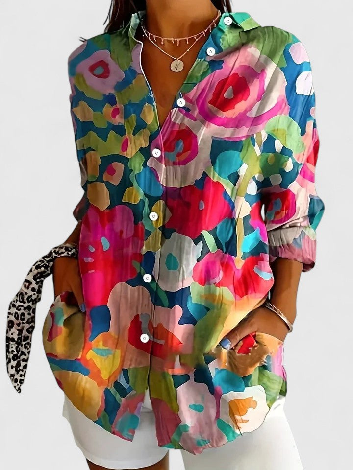 Floral Lapel Collar Long Sleeve Blouse