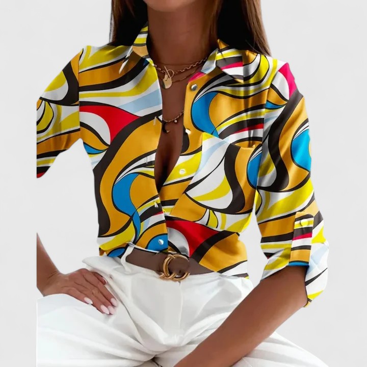 Printed Lapel Collar Long Sleeve Blouse