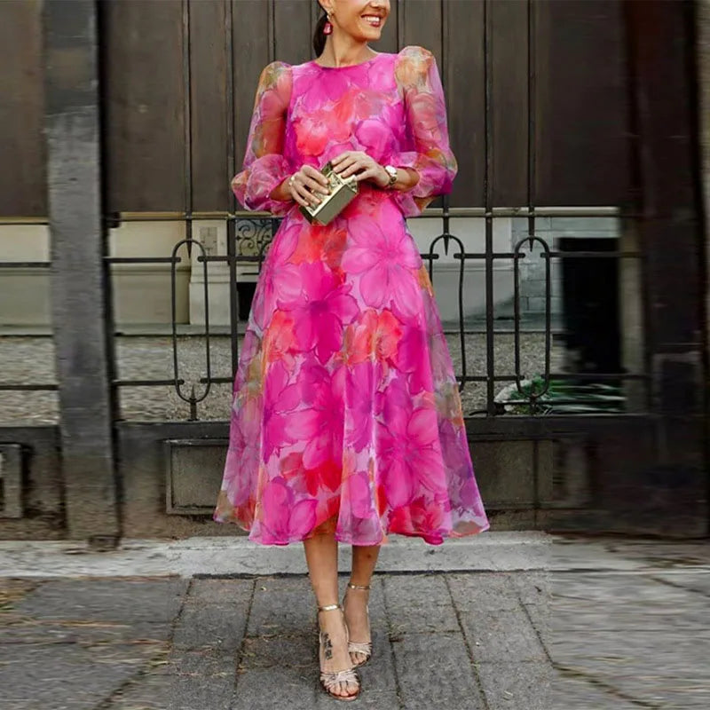 Floral Midi Dress With Sheer Sleeves for Wedding Guests