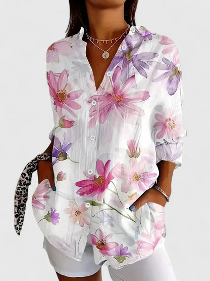 Floral Lapel Collar Long Sleeve Blouse