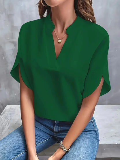 V Neck Blouse with Cap Sleeves and Flowy Fit