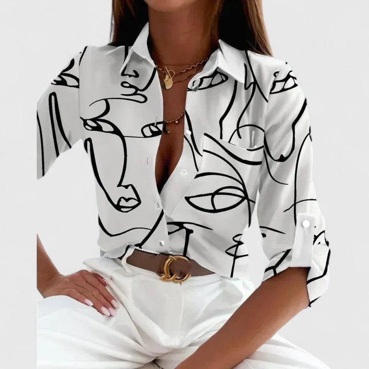 Printed Lapel Collar Long Sleeve Blouse