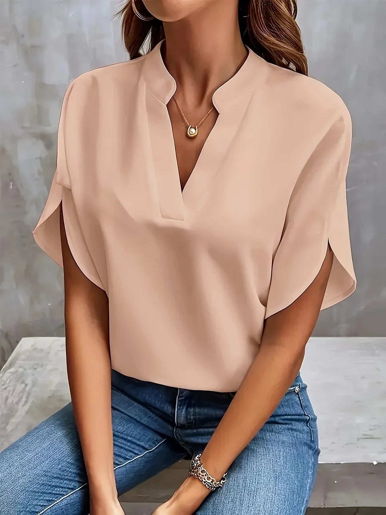 V Neck Blouse with Cap Sleeves and Flowy Fit