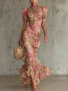 Vintage Rose Print Puff Sleeve Maxi Dress