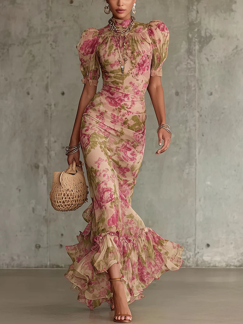Vintage Rose Print Puff Sleeve Maxi Dress
