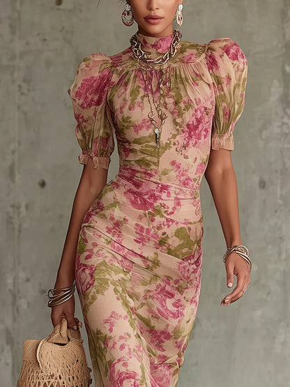 Vintage Rose Print Puff Sleeve Maxi Dress