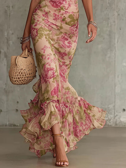 Vintage Rose Print Puff Sleeve Maxi Dress