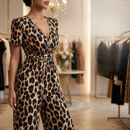 Women's Leopard Print V-Neck Jumpsuit