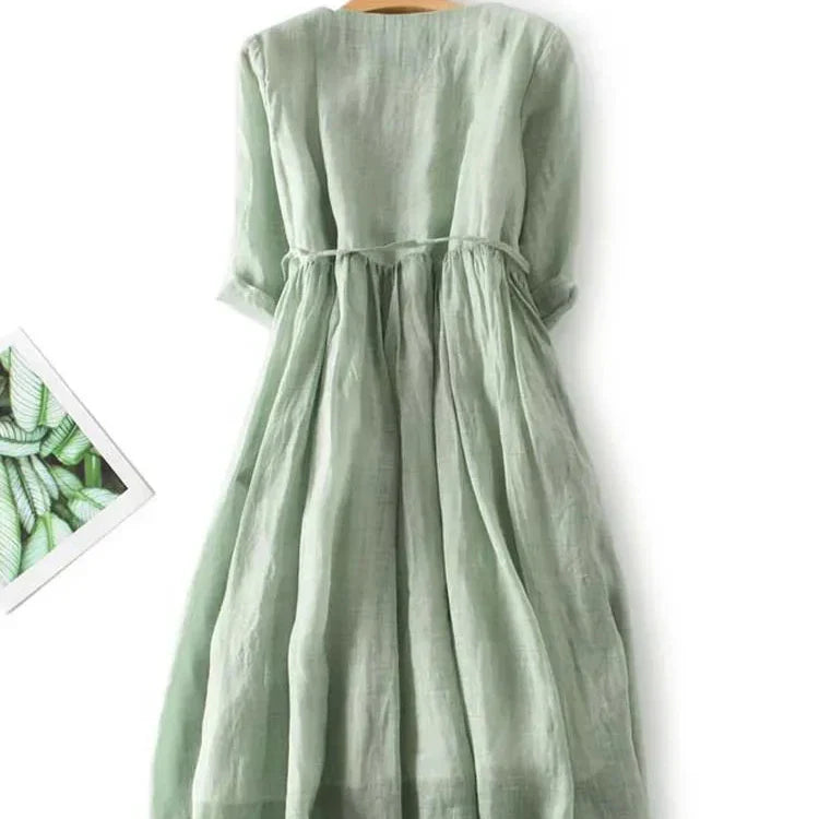 Round Neck Broderie Tie Waist Midi Dress