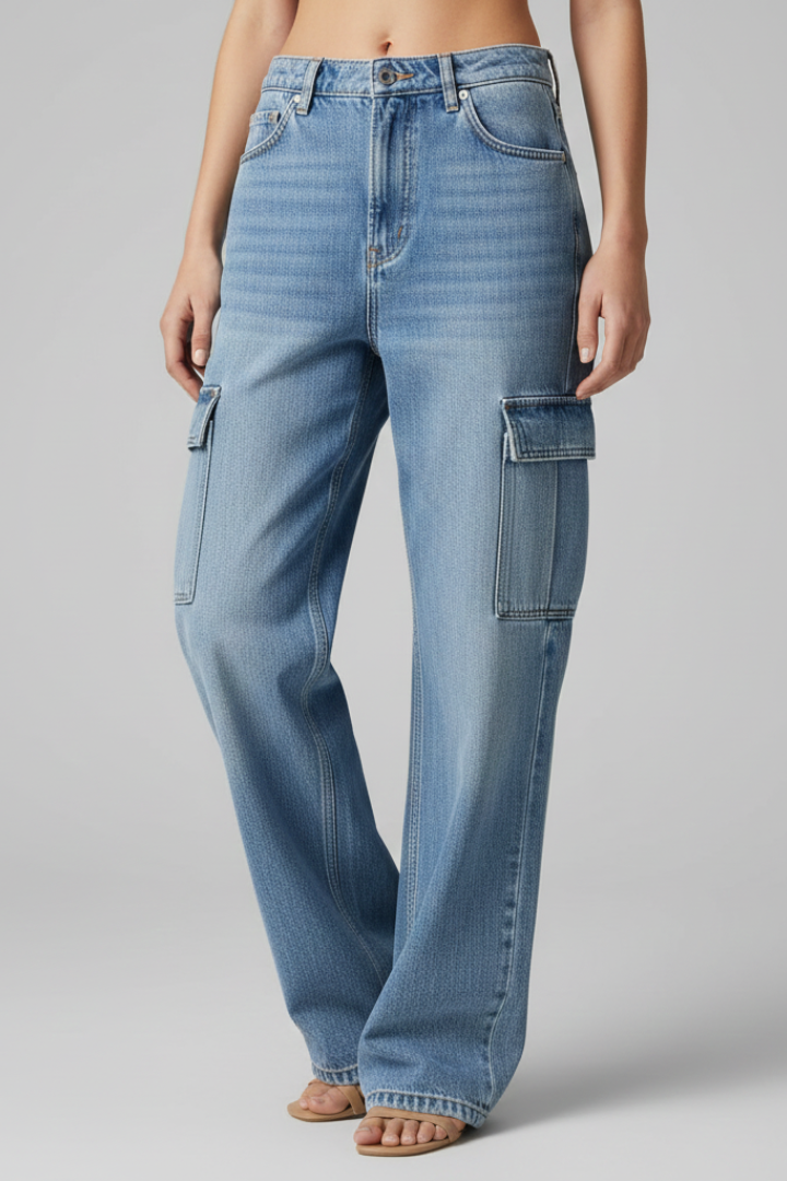 Cargo Style Womens Jeans with Flap Pockets and Straight Legs