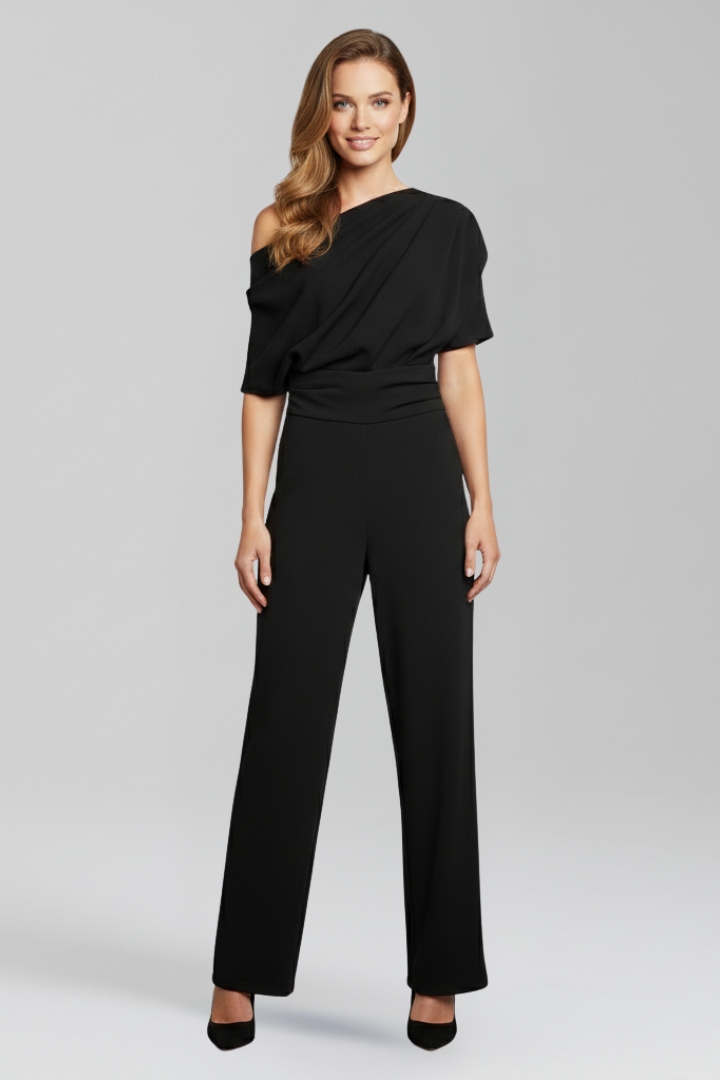 Women’s Asymmetric Neck Jumpsuit with Long Sleeves and Wide Legs