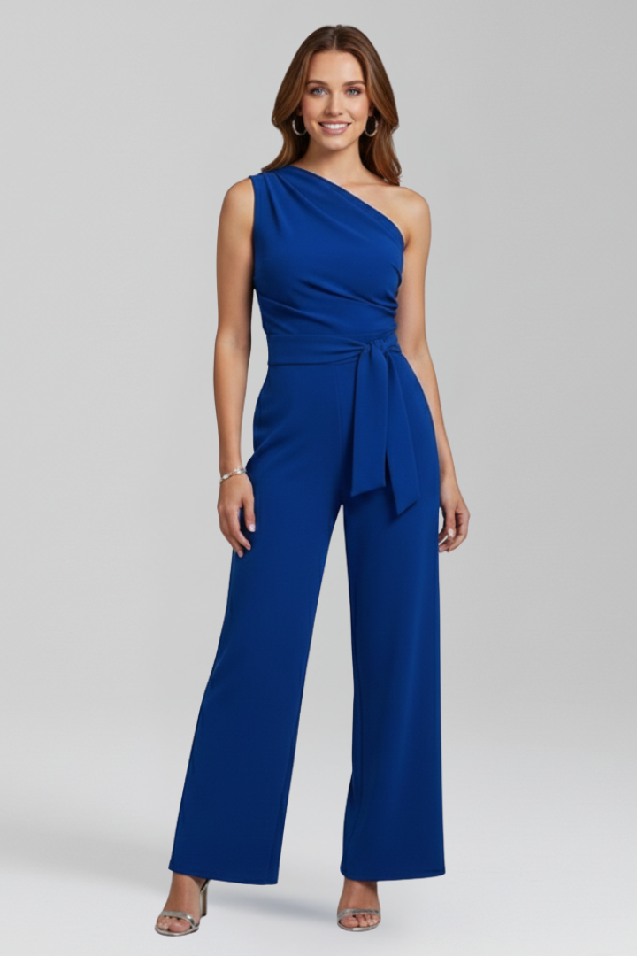 Sleeveless Asymmetric Neckline Wide Leg Jumpsuit with Waist Belt