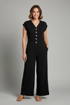 V-Neck Jumpsuit with Front Buttons, Side Pockets, and Wide Legs