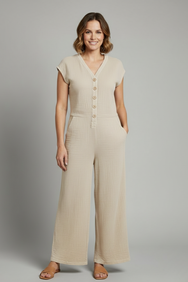 V-Neck Jumpsuit with Front Buttons, Side Pockets, and Wide Legs
