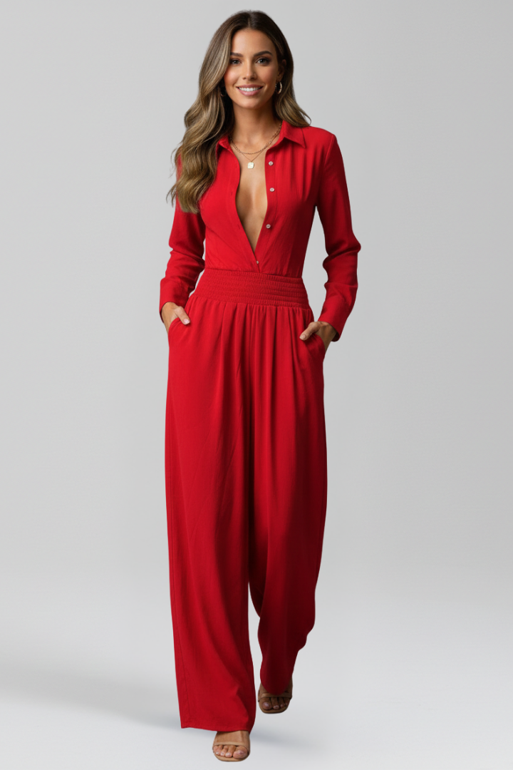 Collared Button Front Jumpsuit with Wide Leg Silhouette