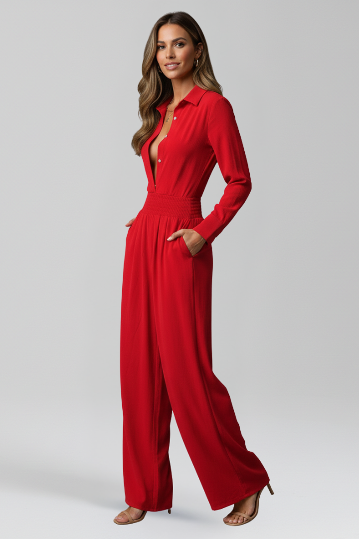 Collared Button Front Jumpsuit with Wide Leg Silhouette