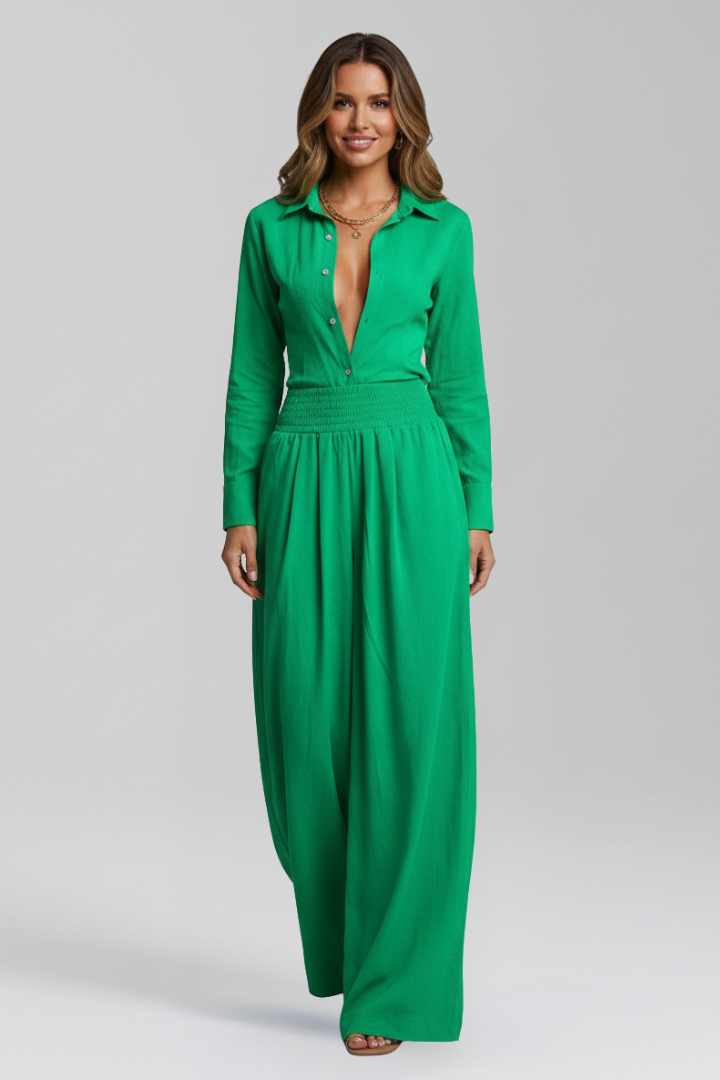 Collared Button Front Jumpsuit with Wide Leg Silhouette