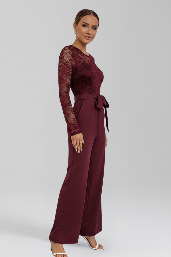 Wide Leg Jumpsuit with Lace Long Sleeves and Tied Waist Belt