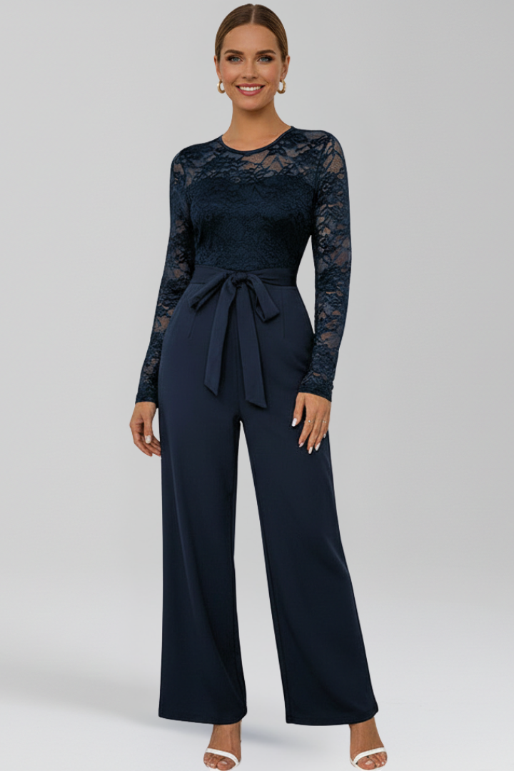 Wide Leg Jumpsuit with Lace Long Sleeves and Tied Waist Belt