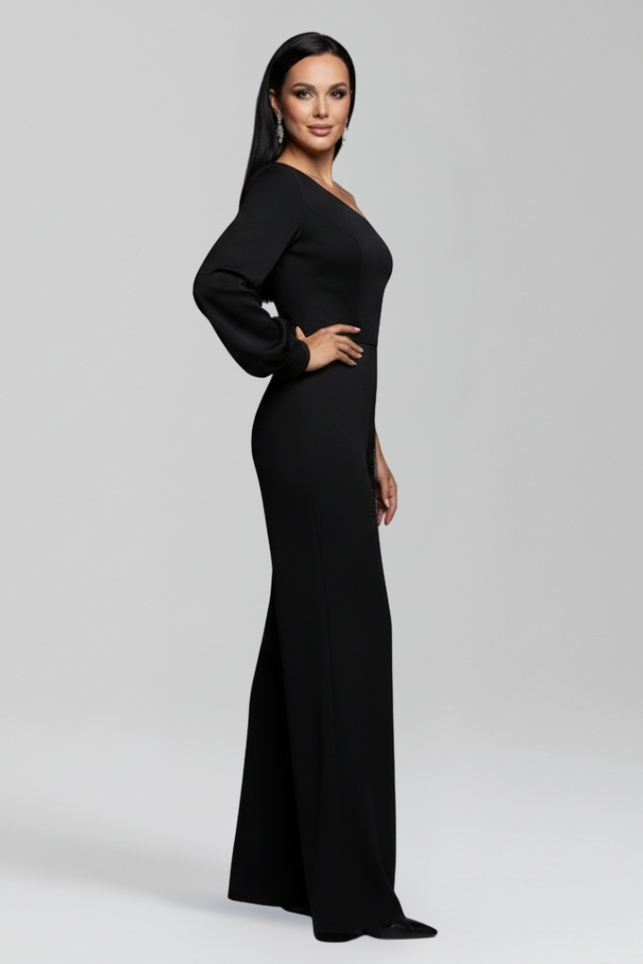 One Shoulder Wide Leg Jumpsuit with Sheer Side Insert